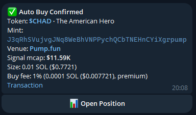 A buy confirmation in Telegram