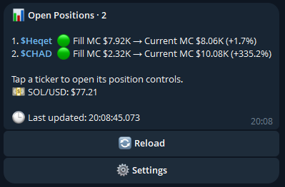 The open positions dashboard in Telegram