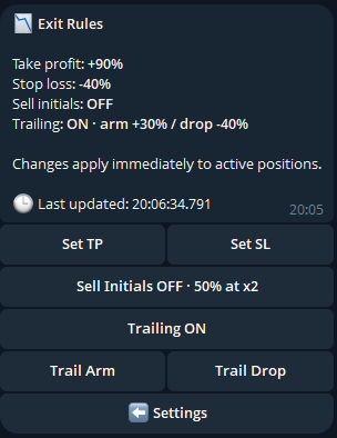 The Exit Rules submenu in Telegram
