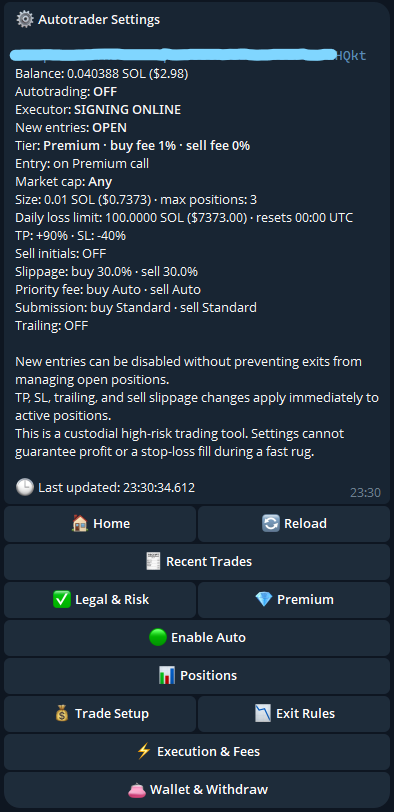 The autotrader settings menu in Telegram