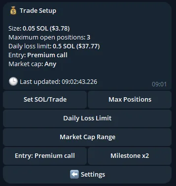 The Trade Setup submenu in Telegram